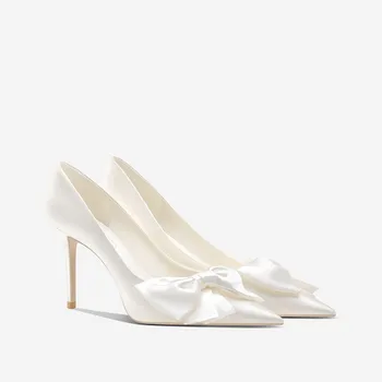 Свадебные туфли из французского белого атласа на высоком каблуке с бантом для новобрачных Женские тонкие туфли