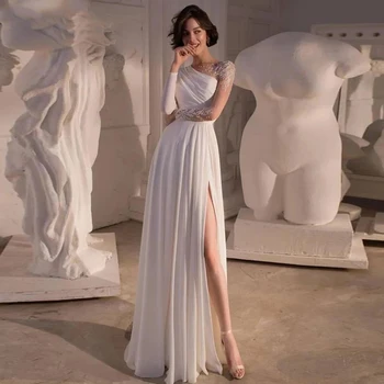 Женское минималистичное молочно-белое атласное платье трапециевидной формы, плиссированное, с разрезом сбоку, кружевная аппликация, жемчужное бальное вечернее платье с длинными рукавами на заказ